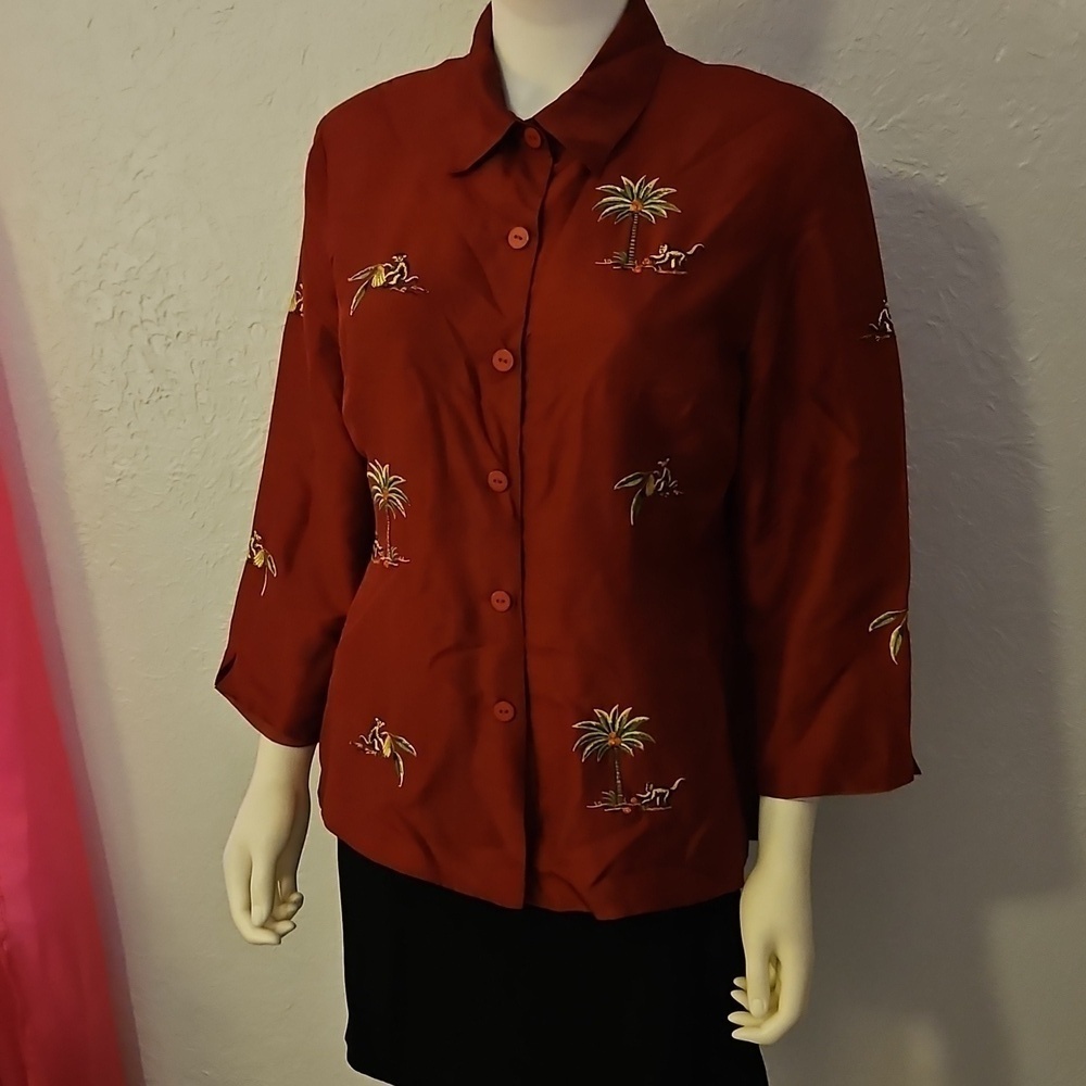 Vintage SILKLAND Maroon Palm Tree Monkey Embroidered Button Down Shacket - Picture 3 of 9